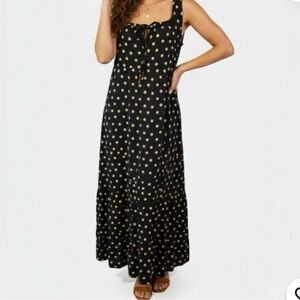 Cynthia Rowley Black linen blend maxi with goldish brown pokadots size 8 NWT